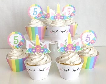 Printable Unicorn Cupcake Toppers and Wrappers, Rainbow Unicorn Birthday Party, Unicorn Cupcakes, Edit Yourself, Instant Download