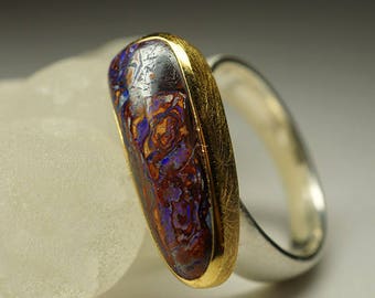 Koroit Opal Silver Ring art 3535 | Natural Organic Boulder Koroit Australian Opal Gemstone Sterling Silver Gold Plated Fine Jewelry