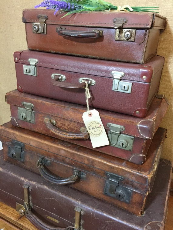 Vintage Brown Suitcases - Tan Vintage Luggage - Vintage Home Decor - Suitcase Stack Storage - Vintage Leather Cases - Photo Props