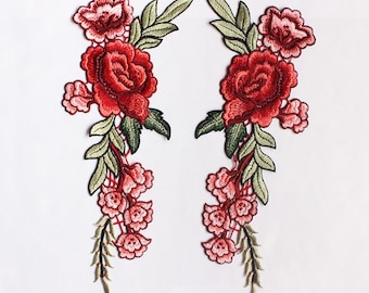 A Pair Embroidered Red Flower Applique Patch,Vintage Floral Patch for Clothing or Dress Decoration Appliques