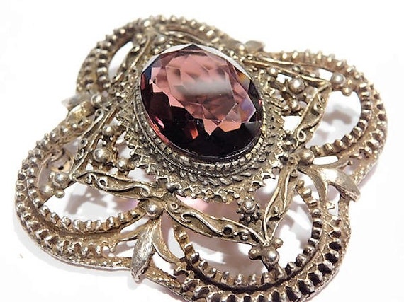 Amethyst Glass Filigree Brooch Pendant Victorian Revival Jewelry Wedding Bride Bridal Spring Summer Prom Easter Mom Mothers Day Gift Her
