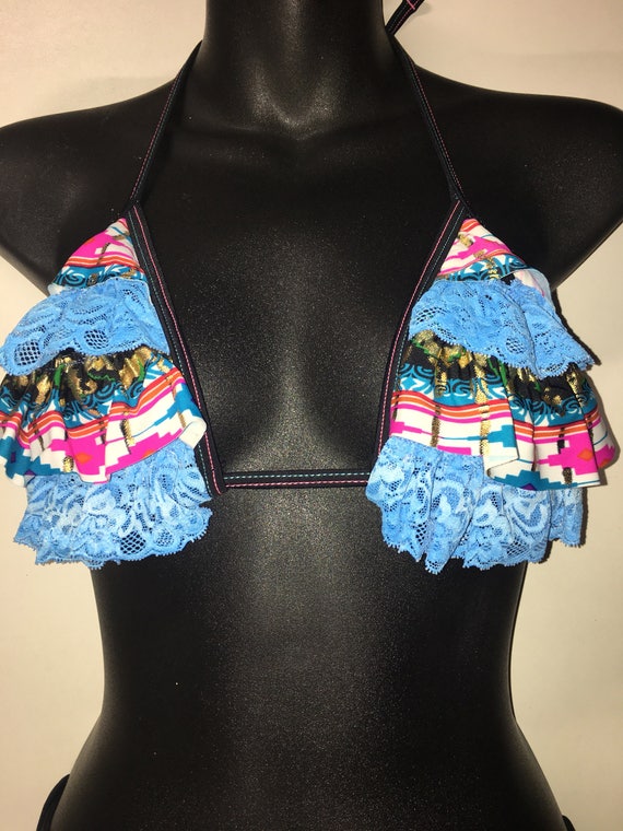 LIMITED edition *** MissManeater AZTEC lace layered fril sliding bikini top *** ADJUSTABLE coverage!