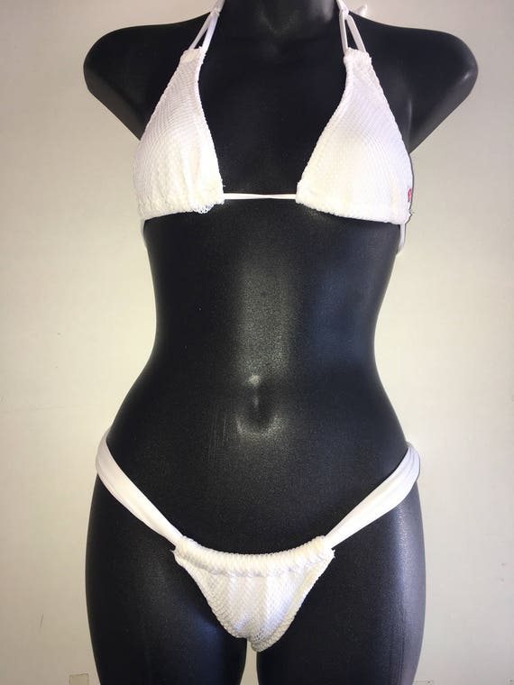 ONEofaKIND *** MissManeater WHITE MESH micro sliding thin halter bikini top with soft band sliding bikini pant ***BRAZILIAN cheeky cut!