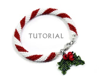 Beading Tutorial Bracelet Pattern Christmas Beadwork Seed Bead Crochet Stitching DIY Step by Step Instruction Gift Holiday Candy Cane Holly