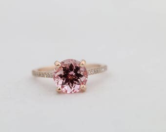 Round Champagne Sapphire Diamond, Cathedral Engagement Ring, Champagne Sapphire Wedding Diamond, Rose Gold, Diamond