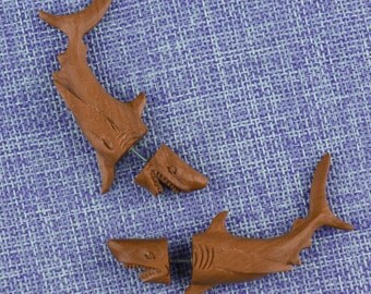 Fake Gauge Earrings, "Shark" Saba Wood, Naturally Organic, Hand Carved, Tribal