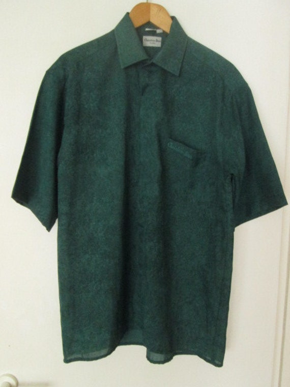 Christian Dior Paris Mens Green 100% Silk Short Sleeved Shirt
