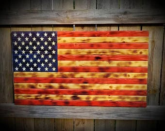 Handmade American Flag - Wooden Stars and Stripes - Red White and Blue - Rustic American Flag - Burned Wood Flag - American Flag Wooden Sign