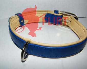 Blue and Beige Genuine Leather collar with D ring