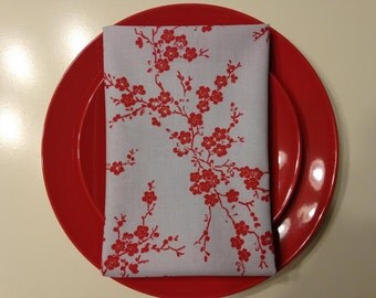 Spring Blossoms in Red with Grey Background-Set of Eight Cloth Napkins