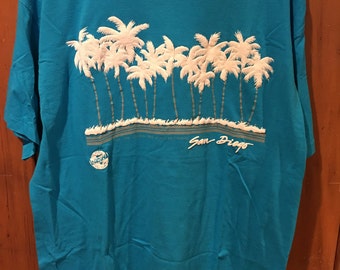 Vintage Men's XL San Diego California Palm Tree 1990s Teal Travel Tourist T Shirt Beach Southern