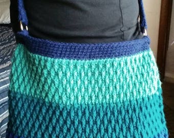 Handmade crochet blues and greens striped purse