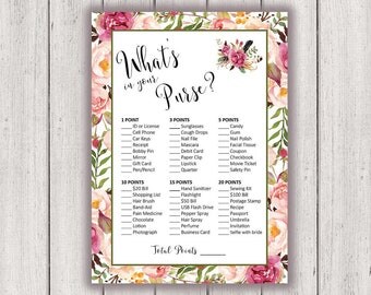 BRIDAL SHOWER GAME, Whats in Your Purse, Printable Bridal Shower Game, Boho Chic Bridal Party Game, Printable Game Card, diy