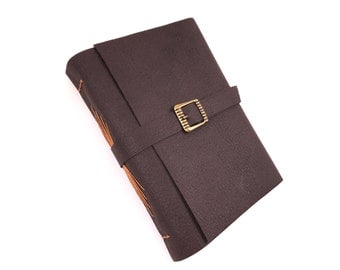 Vegan Leather Handbound Journal with Buckle - Chocolate Brown with tan thread - Travel Journal - Sketchbook