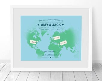Engagement gift for couples, Personalised Met, Engaged, Married map love story, Wedding, Anniversary, Our travels map, Our adventures gift