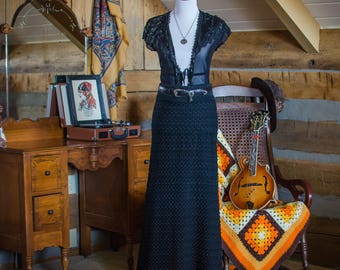 Stevie Nicks vintage skirt - 1960's 1970's handmade black crochet maxi skirt
