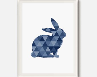 Rabbit Print, Geometric Rabbit, Animal modern Art, Blu animal Poster, Navy Wall Art, Rabbit Art Print, Blue Navy Artwork, Triangle Wall Art
