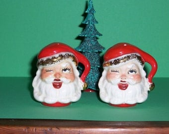 Vintage Santa Salt and Pepper Shakers, Christmas, Winking Santa, 1950's