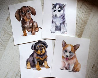 Watercolor puppy animal Set four art Watercolor dogs Original painting art Animal artwork Children's room decor Cute animals Wall Art dog