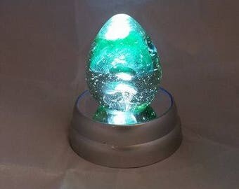 Small Hand Blown Art Glass Clear And Green Controlled Bubble Paperweight With Silver LED White Light Base