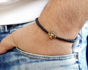 Mens Bracelet Men Bracelete Bracelet Perle Homme Beaded Men Bracelet Mens Beaded Bracelet Men's Bracelets black onyx 4mm antique gold lion