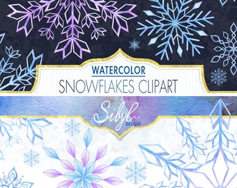 Digital Christmas Clipart, Watercolor Snowflakes Clipart, Watercolor Blue Flake Winter Clipart, Snow Holiday Clipart, Flake Hand Painted DIY