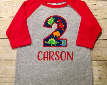 boys dinosaur birthday shirt, boys birthday shirt, name and number shirt, dinosaur party, dinosaur birthday, dinosaur shirt, RED raglan