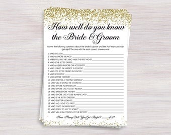 How Well Do You Know The Bride and Groom, Funny Bridal Shower games, Gold confetti Wedding Shower ideas, Engagement, Bachelorette Activity,