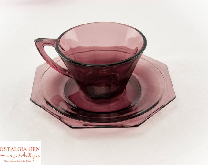Purple Depression Glass Cup and Saucer Set | Moroccan Amethyst | Vintage Hazel Ware | Glass Cups and Saucers | MCM Kitchen Decor