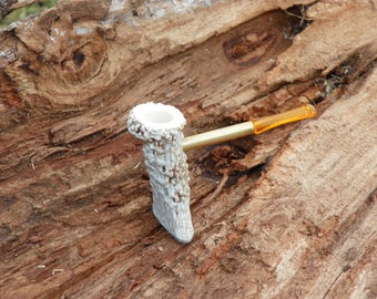 Natural White Tail Deer Antler Tobacco Pipe With Brass & Plastic Draw