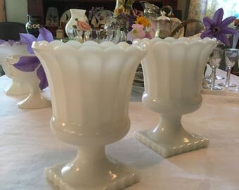 Vintage Milkglass White Pedestal Vases Set of Two Collectable Milkglass Bridal Decor Shower Decor Cottage Style Home Decor