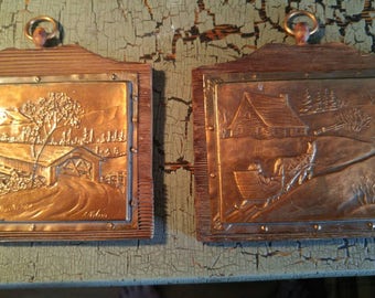 Vintage Embossed Copper Framed Poupular Art by A. Nadeau artist from Quebec Canada