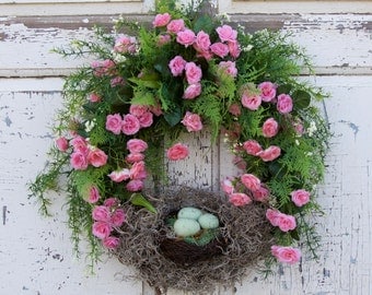 Robin's egg Wreath, Spring Wreath, Mother's Day Wreath, Natural Wreath, Roses Wreath, Romantic Wreath, Bird's Nest Wreath, Cottage Chic
