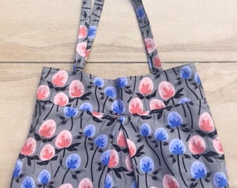 Grey, coral and blue flowers tote bag
