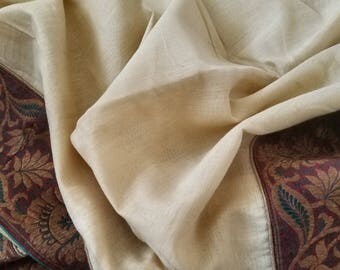 Khadi Linen Beige Saree with Benarasi Border