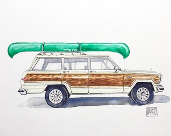 Jeep Wagoneer archival art print, original watercolor painting printed on watercolor paper, Wagoneer with canoe, classic car, wall decor