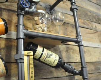 Ensemble étagère porte bouteille, Steampunk, Industriel, bois, plomberie, tuyauterie