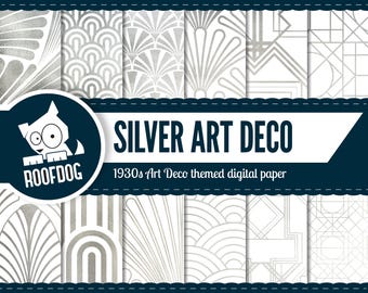 Silver and white Art Deco digital paper | Silver foil wallpaper pattern | 1920s pattern | 1930s Art Deco | Silver Art Deco vintage floral