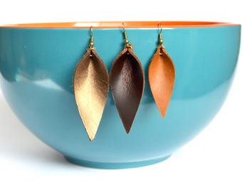 Leather Leaf Shaped Earrings: Joanna Gaines Inspired Leather Leaf Earrings // Your Choice of Signature Leather Color