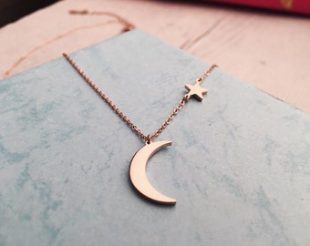 Rose Gold Necklace with Half Moon Charm Delicate Necklace with Star and Moon Pendant