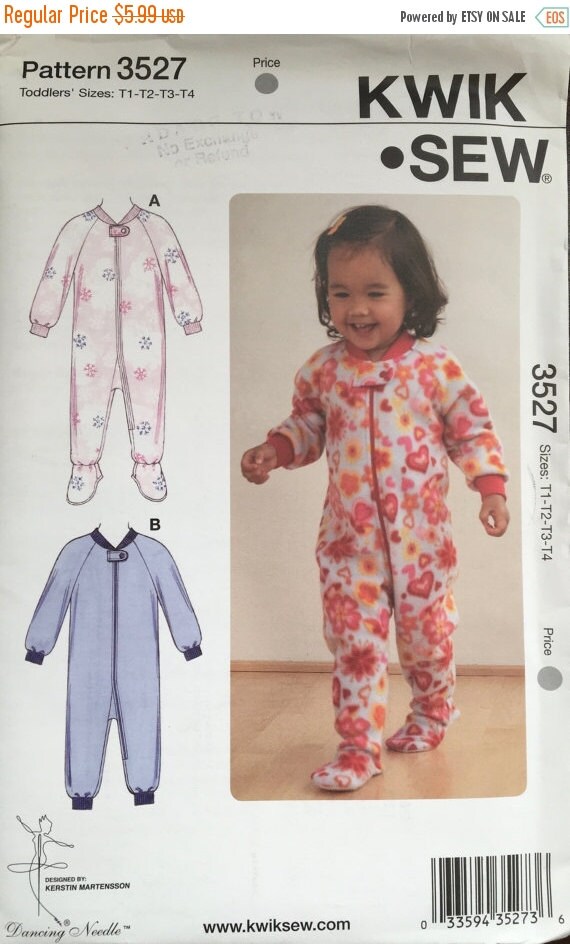 Toddler Size T1 T2 T3 T4, Kwik Sew 3527; Toddlers Sleepers Pattern; Childs Front Zip Pajamas Sewing Pattern; Fleece Onsie Pattern