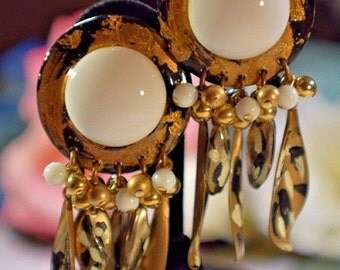 Gorgeous Huge Vintage IKARAMI Black, White and Gold Dangle Runway Earrings
