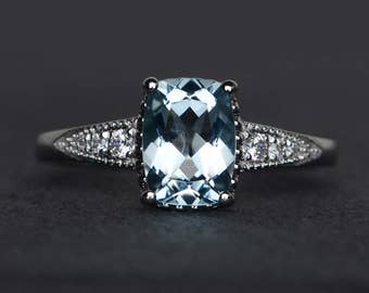 cushion cut aquamarine engagement ring blue aquamarine rings gemstone ring silver March birthstone ring