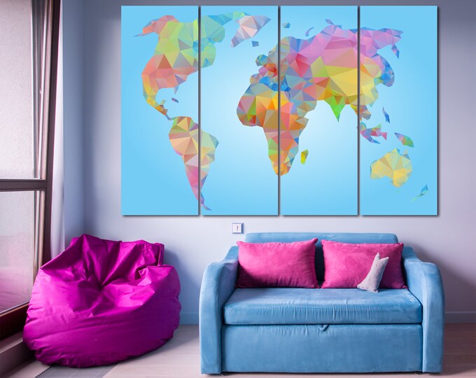 Large colorful modern world map, abstract world map, colorful map of the world/3 or 5 Panels on Canvas Wall Art for Home & Office Decoration