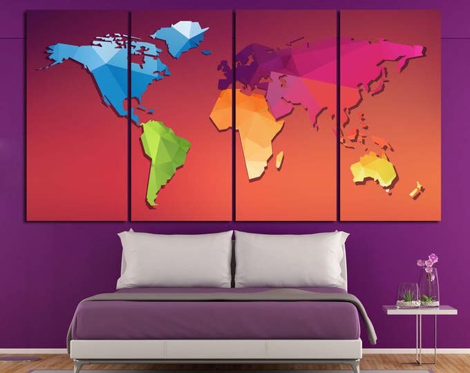 Large Colorful World Map Panels Large Polygonal World Map 3,4 or 5 Panels Orange Colorful World Map Canvas Wall Art Geometric wall art print