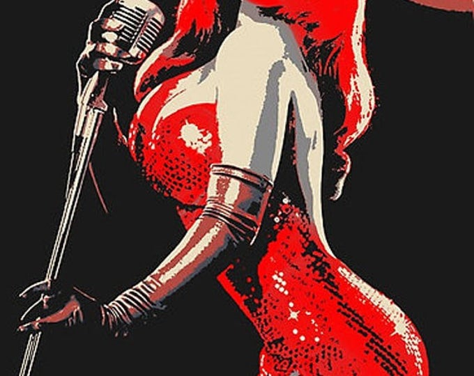 Erotic Art 200gsm paper poster - Jessica Rabbit pop art, sexy singer print, hot red dress, conte style cartoon image High Res, 300dpi sketch