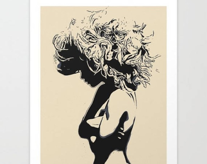 Erotic Art Giclée Print - Like a Lion, sensual nude art, naked girl stencil art, perfect, sexy body, sensual conte artwork, h...