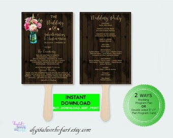 DIY Rustic Wedding Program Template, Floral Boho Mason Jar, DIY Floral Bohemian Wedding, Editable PDF Instant Download,Boho, Country Wedding