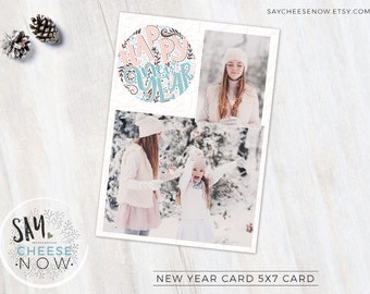 New Year Card 2017 - Pastel colours - Photoshop template - Lettering - Instant Download - Photo marketing