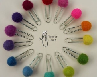 2 pompom paper clips, choose any 2 100% wool felt balls on paper clips, planner accessory or bookmark, stocking filler, pom pom planner clip
